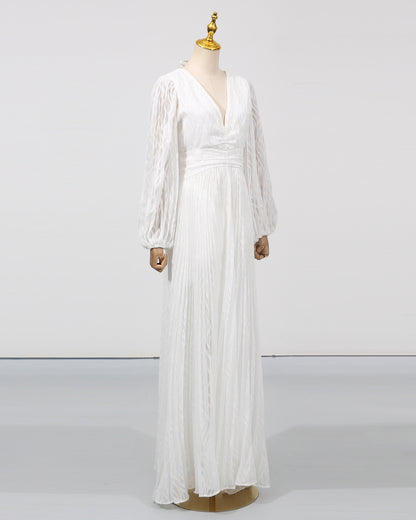 White V-Neck Puff Sleeve Fitted Maxi Dress