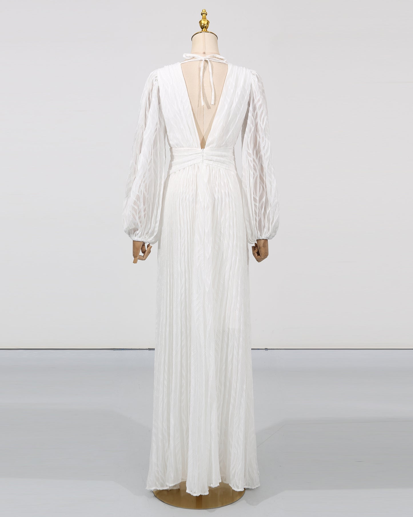 White V-Neck Puff Sleeve Fitted Maxi Dress