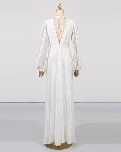 White V-Neck Puff Sleeve Fitted Maxi Dress