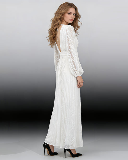 White V-Neck Puff Sleeve Fitted Maxi Dress