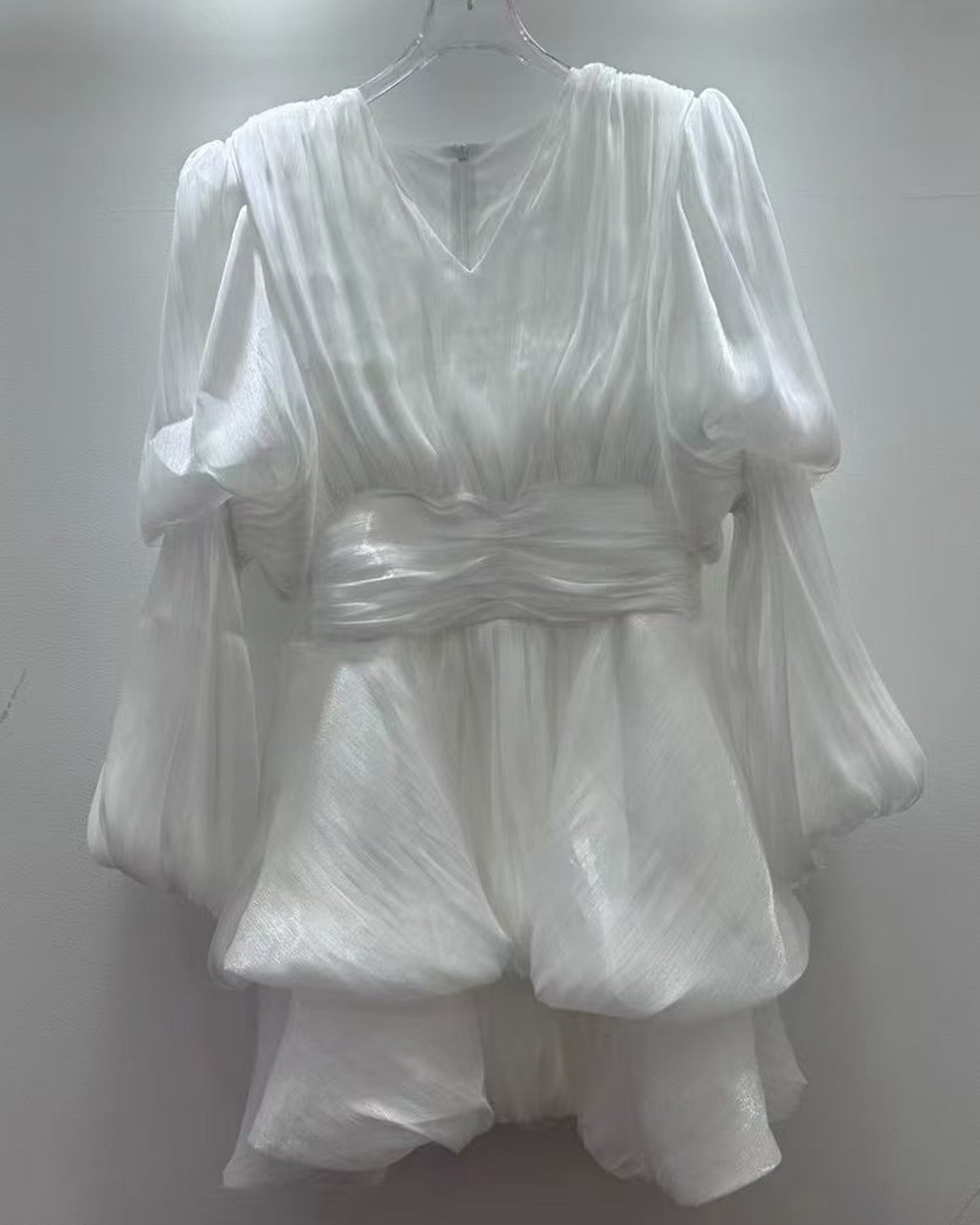 White V-Neck Ruched Puff Sleeve Dress
