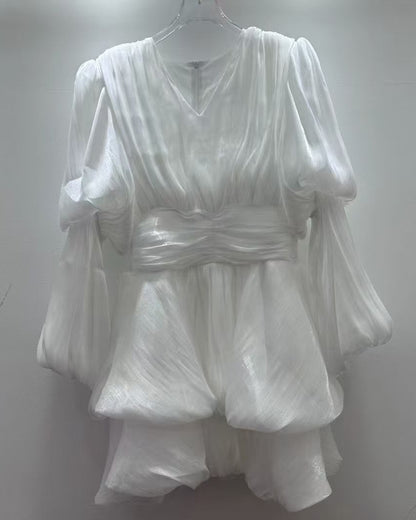 White V-Neck Ruched Puff Sleeve Dress
