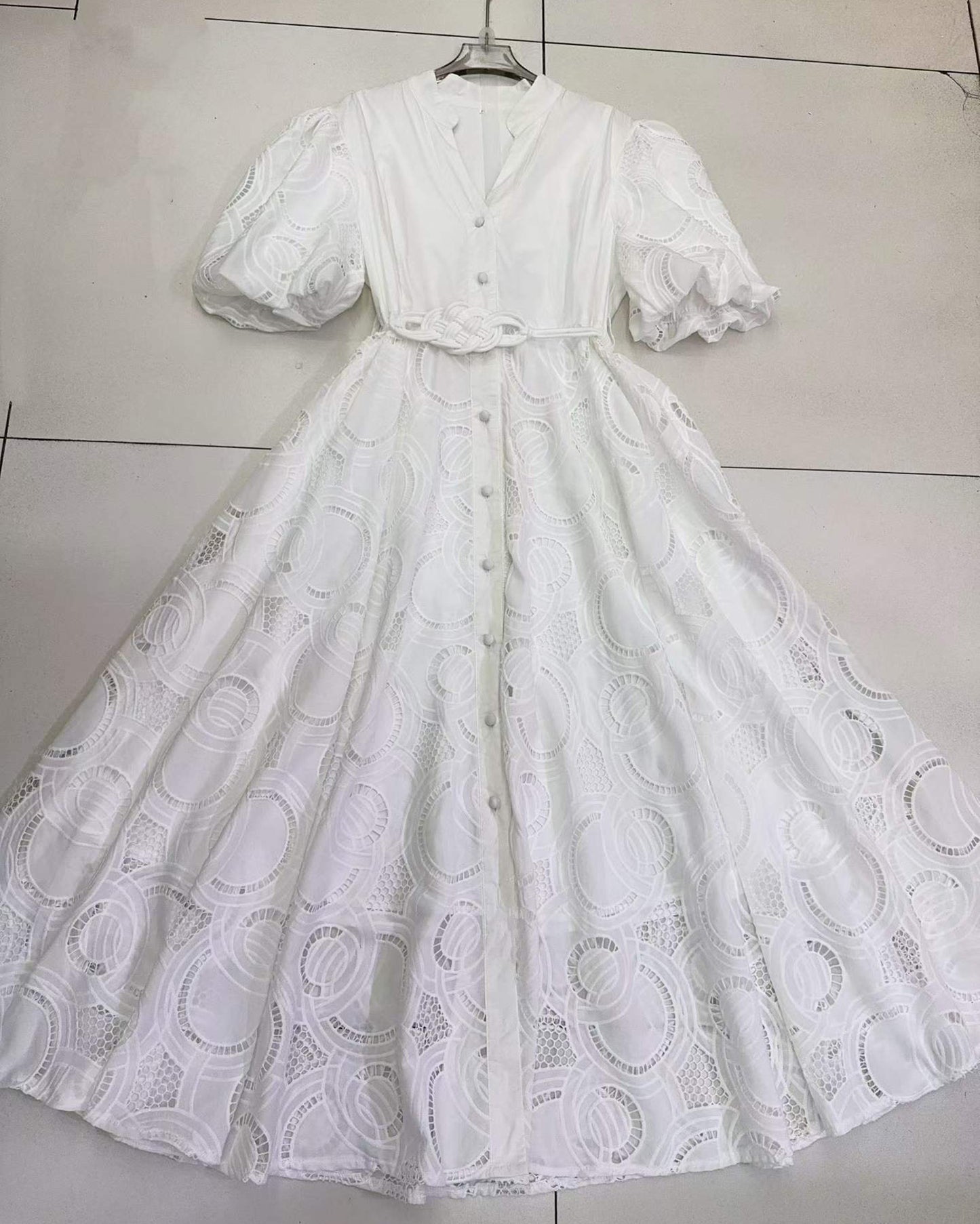 White V Neck Puff Sleeve Tunic Midi Dress