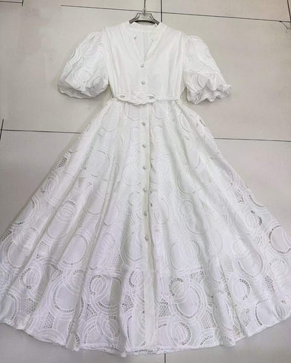 White V Neck Puff Sleeve Tunic Midi Dress
