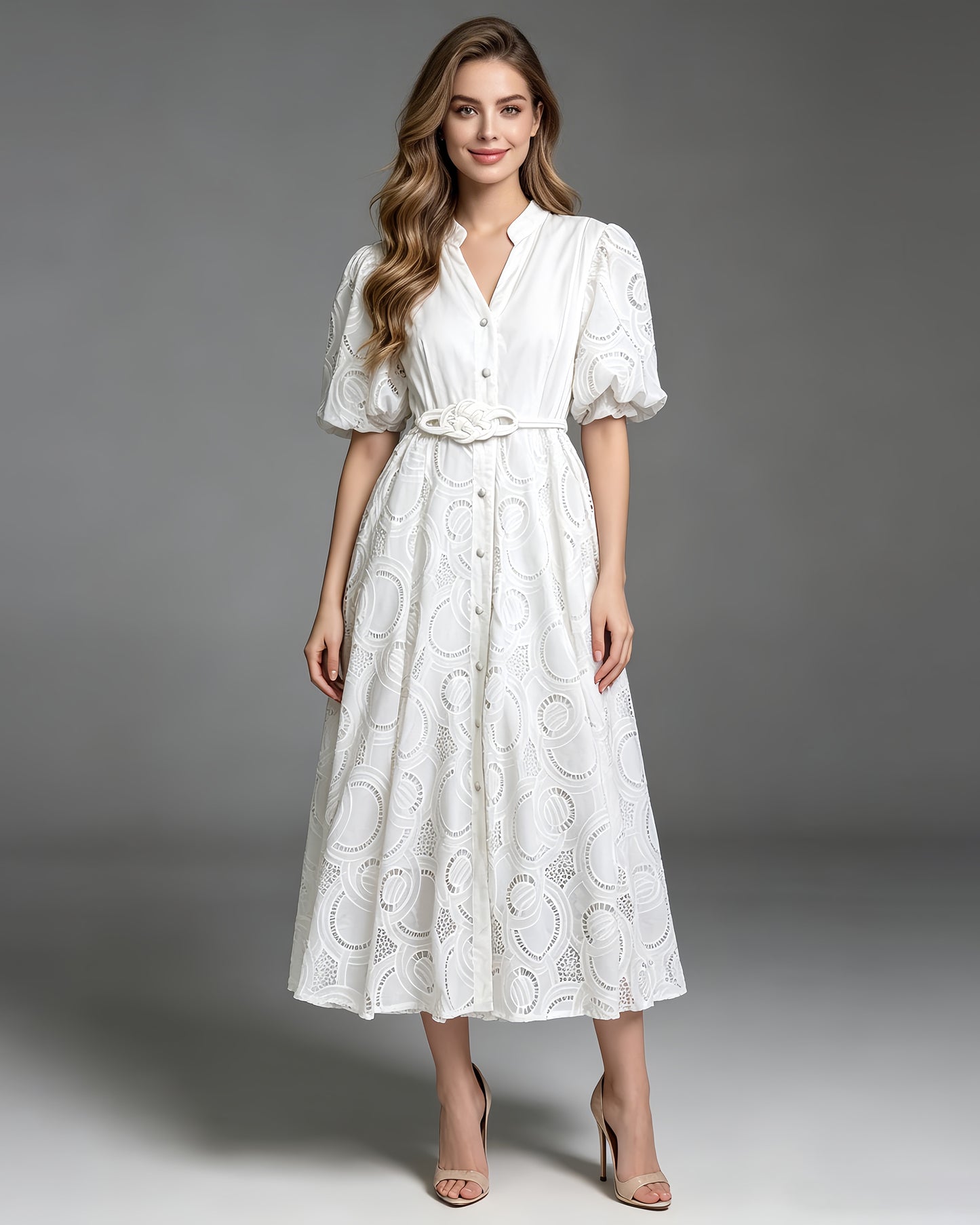 White V Neck Puff Sleeve Tunic Midi Dress