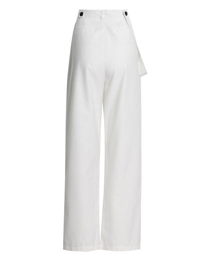 White Wide-Leg Pants with Asymmetrical Waist Flap