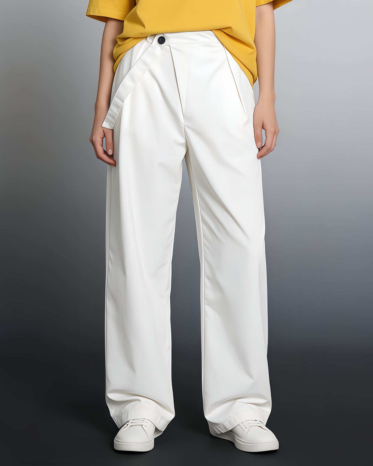 White Wide-Leg Pants with Asymmetrical Waist Flap