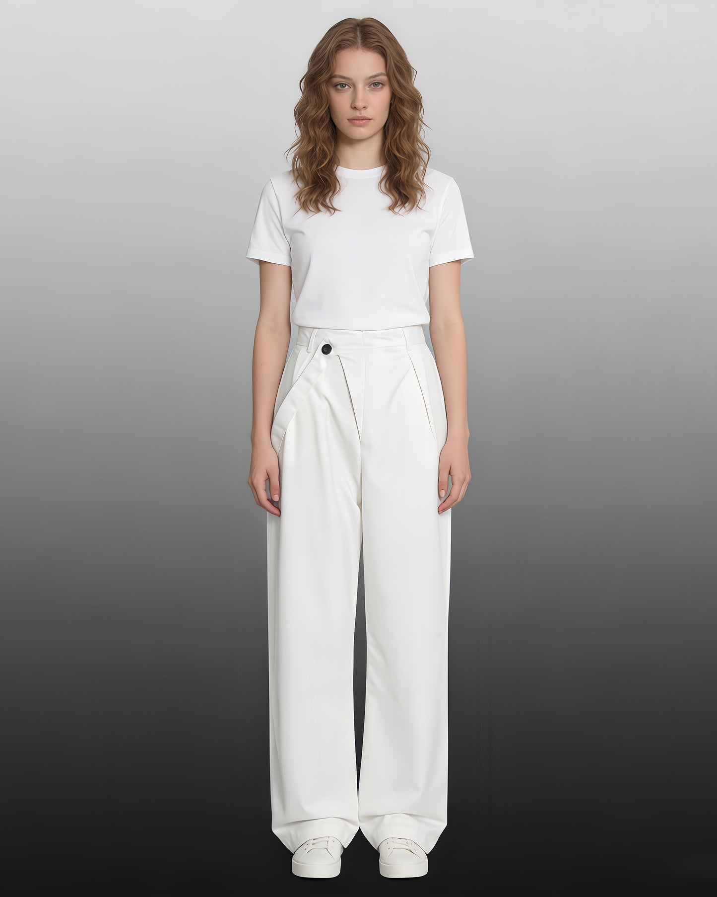 White Wide-Leg Pants with Asymmetrical Waist Flap