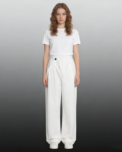White Wide-Leg Pants with Asymmetrical Waist Flap