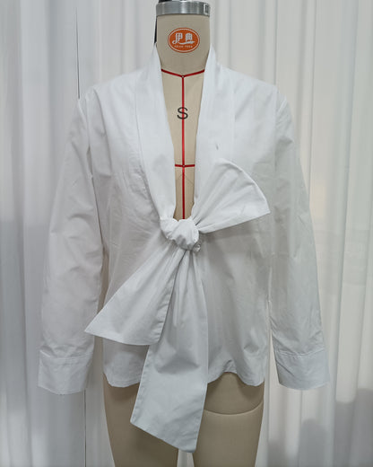 White Wrap Front Big Bow Long Sleeve Blouse