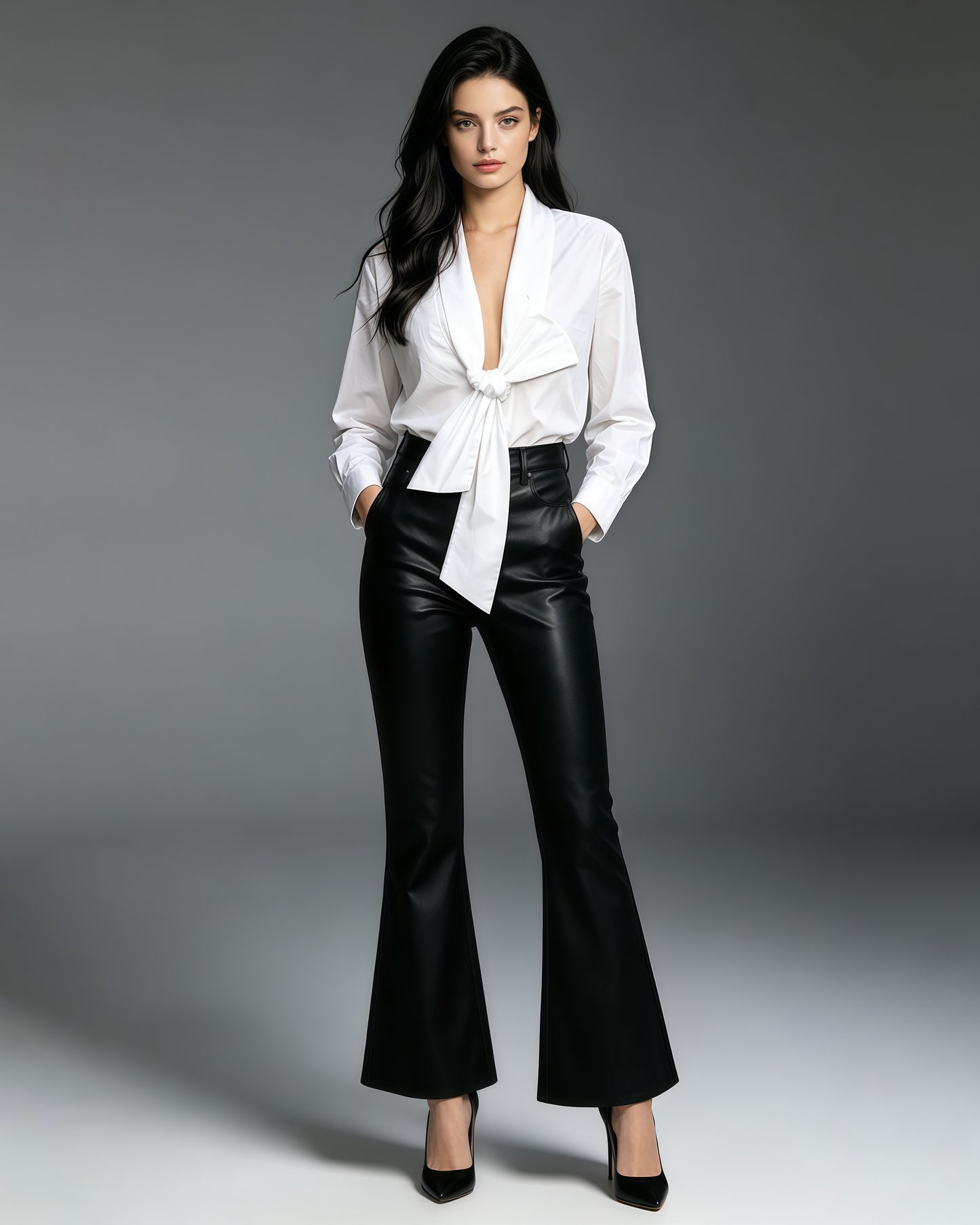 White Wrap Front Big Bow Long Sleeve Blouse