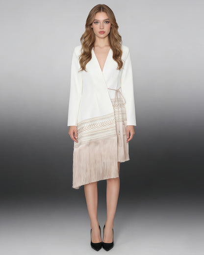 White Wrap Jacket with Fringe & Embroidered Trim