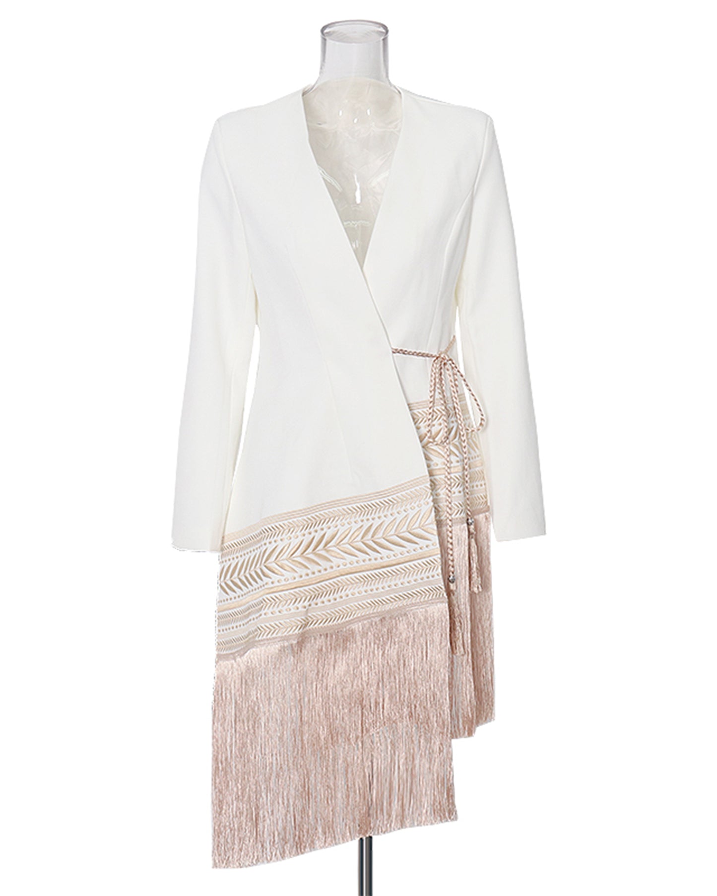 White Wrap Jacket with Fringe & Embroidered Trim