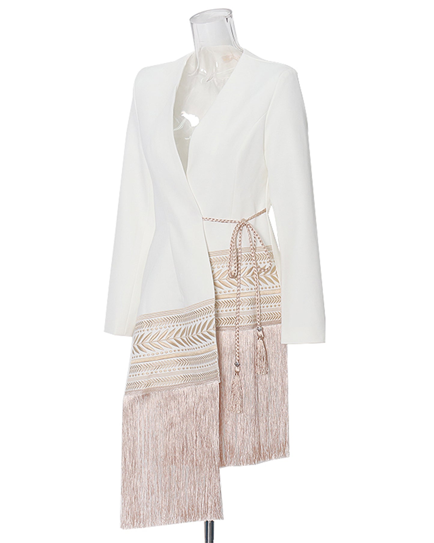 White Wrap Jacket with Fringe & Embroidered Trim