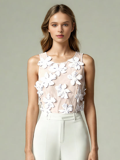 White 3D Floral Appliqué Sleeveless Top