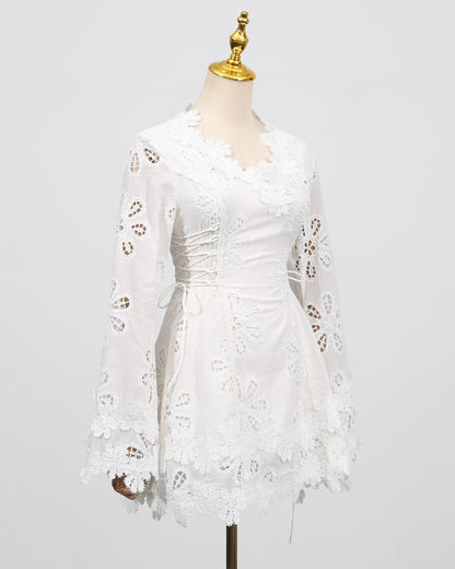 White 3D Floral Hollow Out Mini Dress