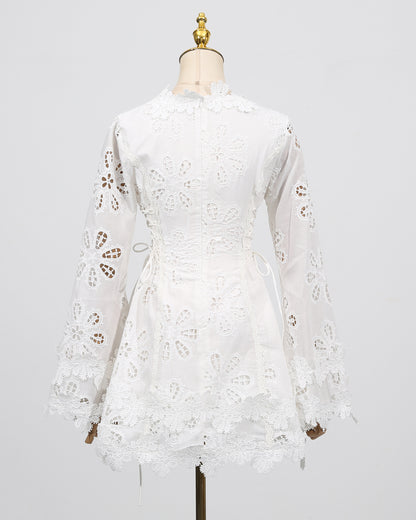 White 3D Floral Hollow Out Mini Dress