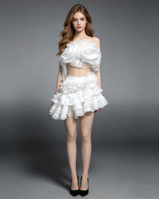 White 3D Flower Ruffle Two-Piece Set