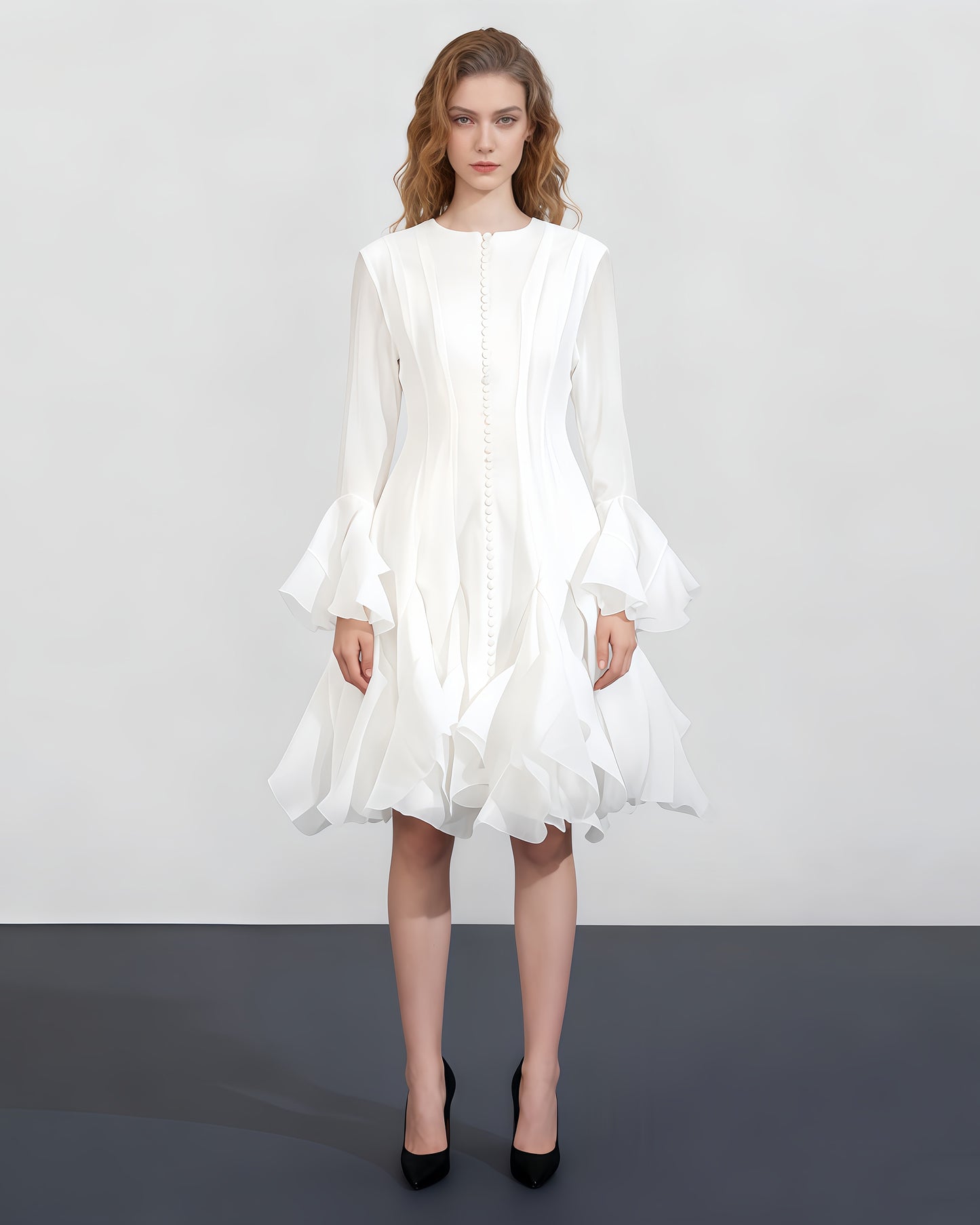 White Bell Sleeve Ruffled Long Dress with Button Front