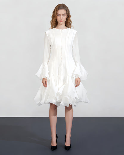 White Bell Sleeve Ruffled Long Dress with Button Front