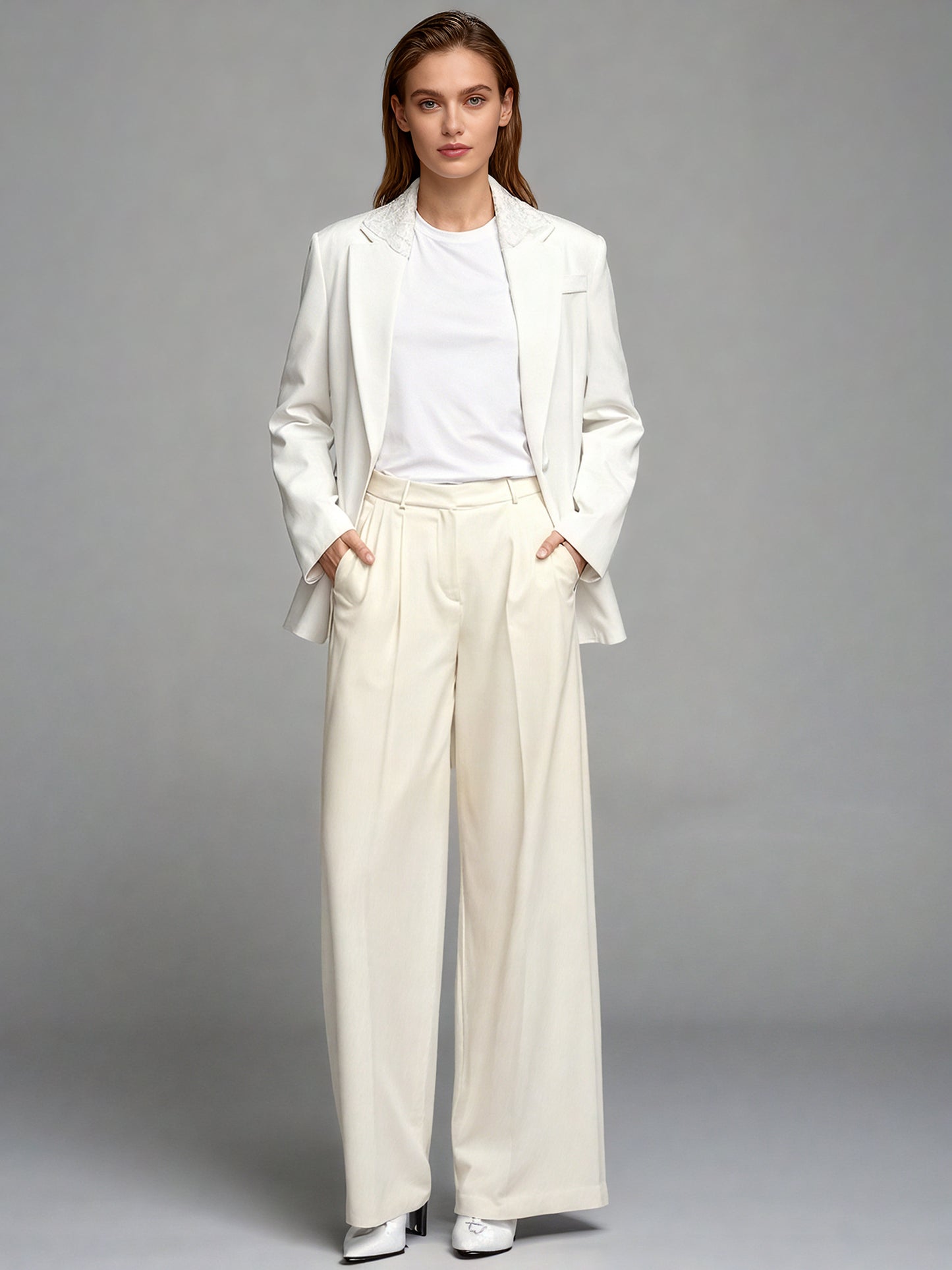 White Blazer with Lace Collar & Back Cutout Detail