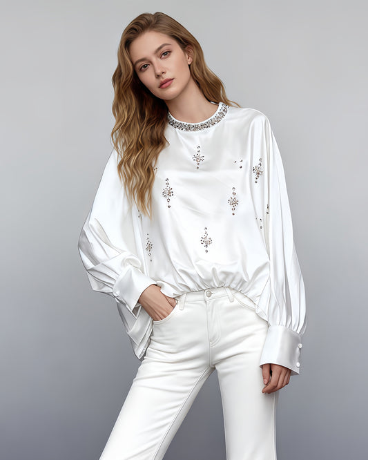 White Blouse with Rhinestone Floral & Batwing Sleeve