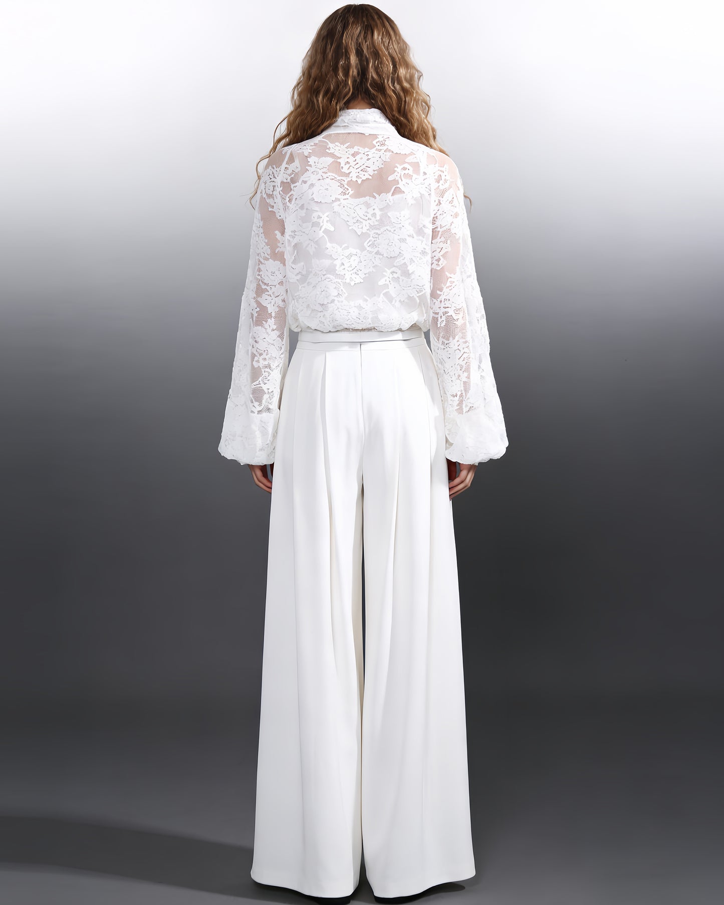 White Lace Bow Blouse & Wide-Leg Pants Two-Piece Set