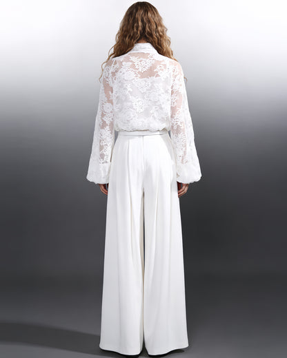 White Lace Bow Blouse & Wide-Leg Pants Two-Piece Set