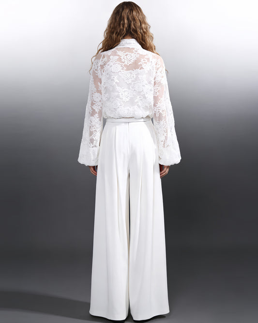 White Lace Bow Blouse & Wide-Leg Pants Two-Piece Set