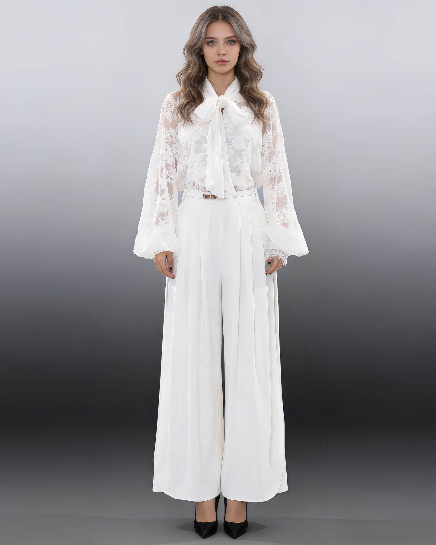 White Lace Bow Blouse & Wide-Leg Pants Two-Piece Set