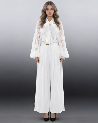 White Lace Bow Blouse & Wide-Leg Pants Two-Piece Set