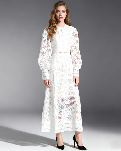 White Lace Hollow-Out Long Sleeve Midi Dress