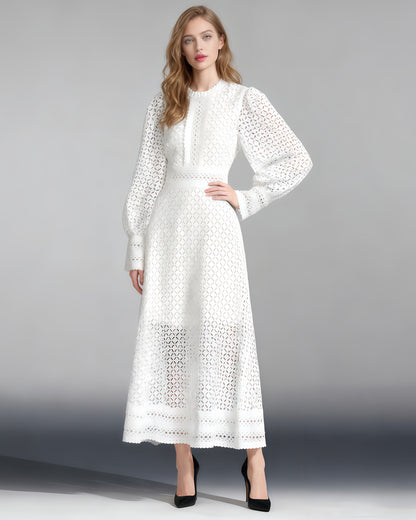 White Lace Hollow-Out Long Sleeve Midi Dress