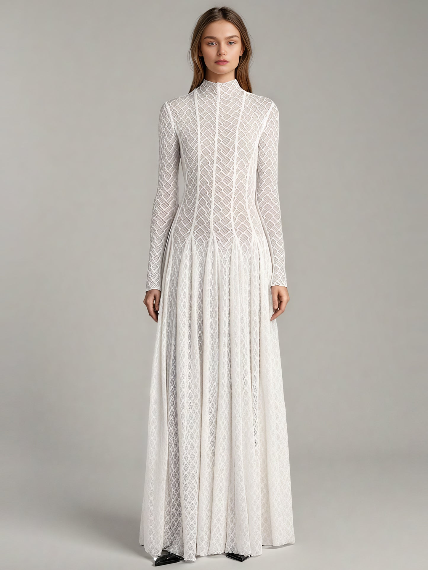White Lace Maxi Dress with Long Sleeve & Sheer Design