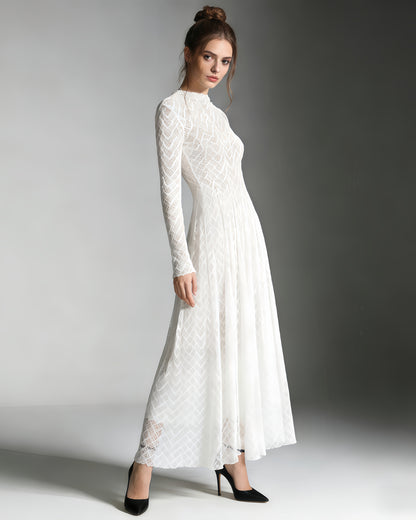 White Lace Maxi Dress with Long Sleeve & Sheer Design
