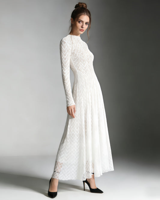 White Lace Maxi Dress with Long Sleeve & Sheer Design