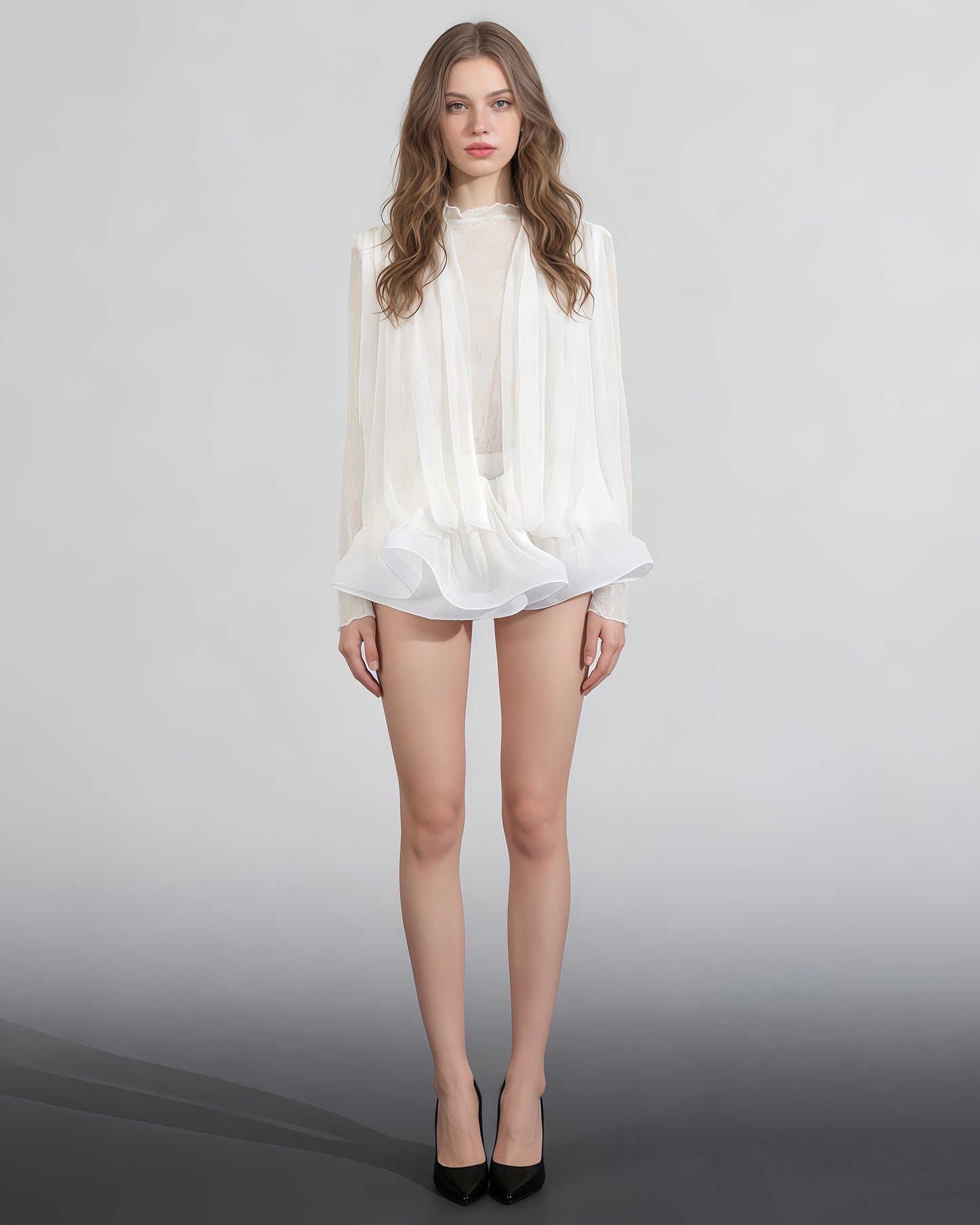 White Lace Ruffled Mini Dress with Puff Sleeves