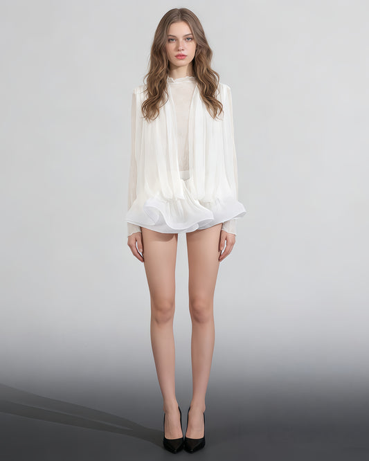 White Lace Ruffled Mini Dress with Puff Sleeves