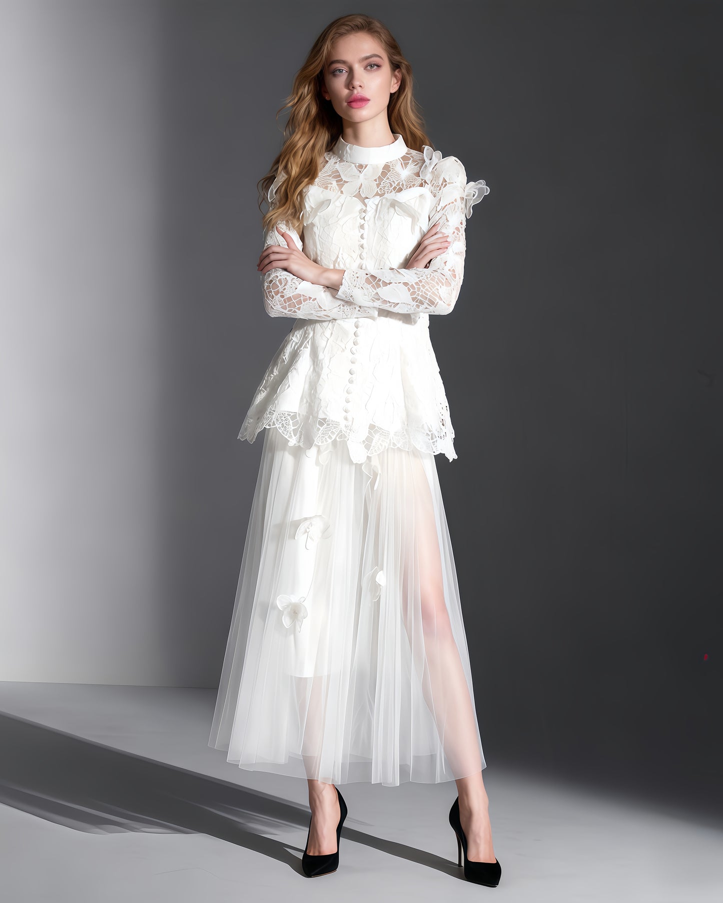 White Lace Top & Tulle Skirt Two-Piece Set