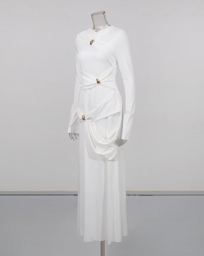 White Maxi Dress with Twist & Gold Accents
