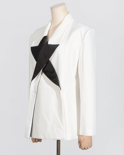 White & Teal Satin Asymmetric Blazer