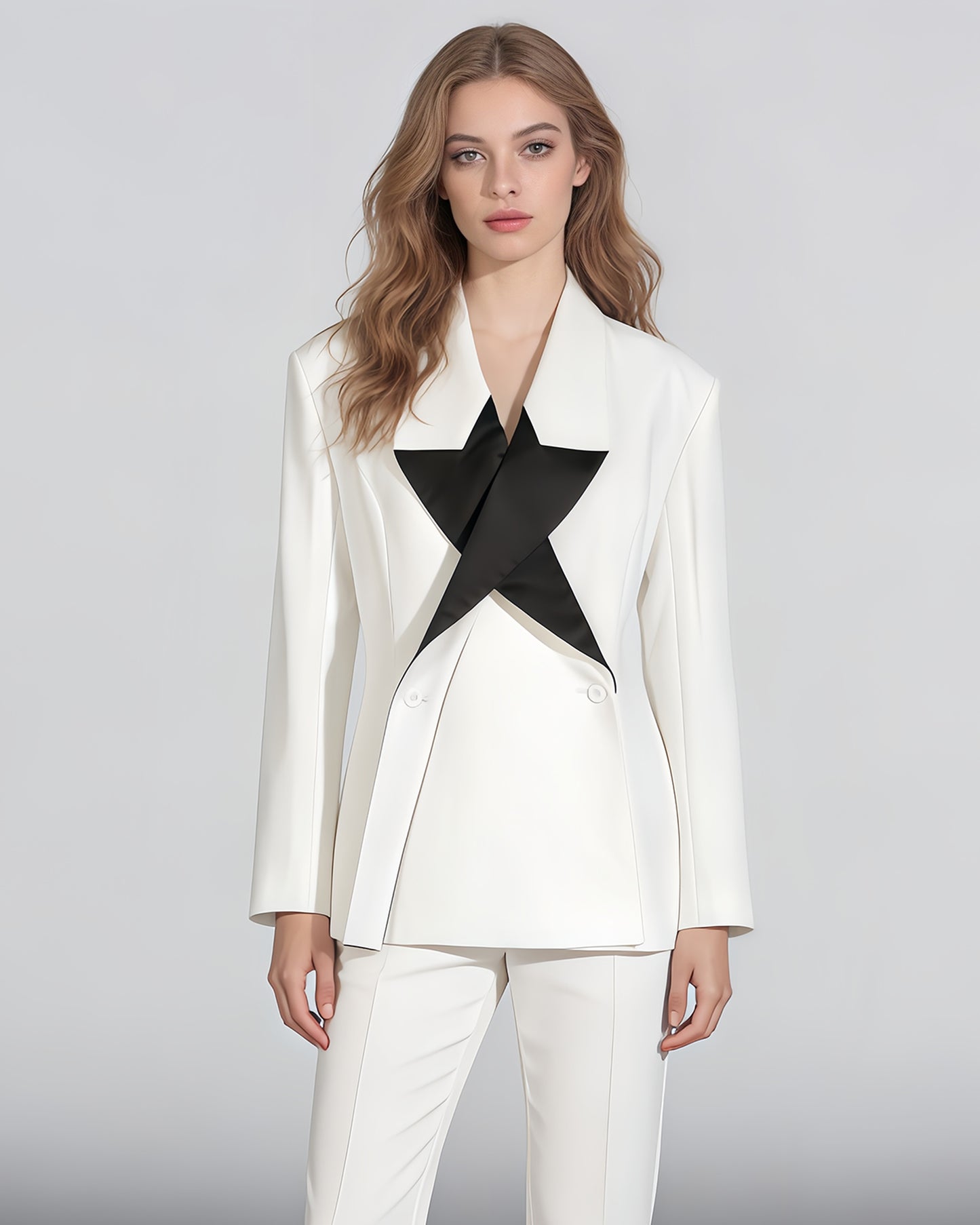 White & Teal Satin Asymmetric Blazer