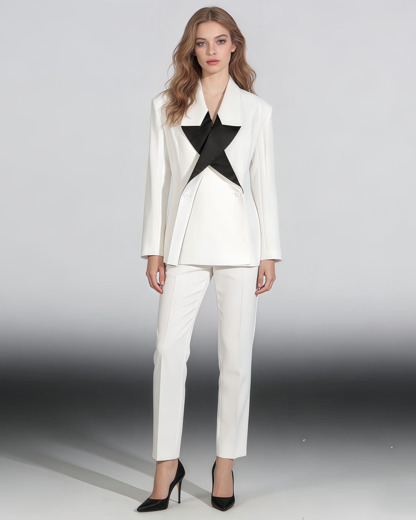 White & Teal Satin Asymmetric Blazer