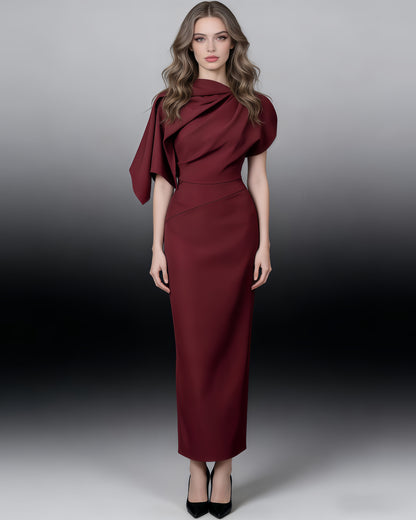 Wine Red Asymmetric Cape Sheath Maxi Dress
