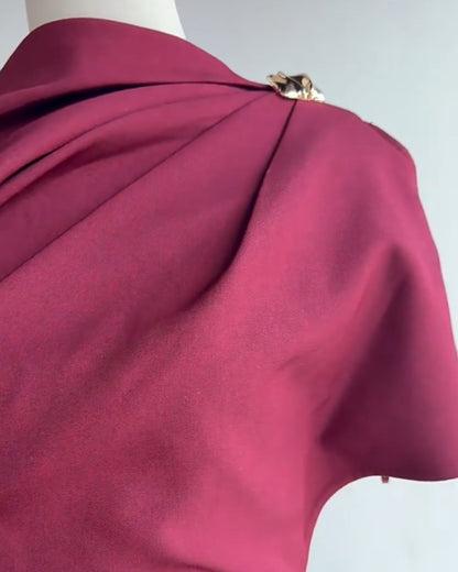 Wine Red Asymmetric Cape Sheath Maxi Dress
