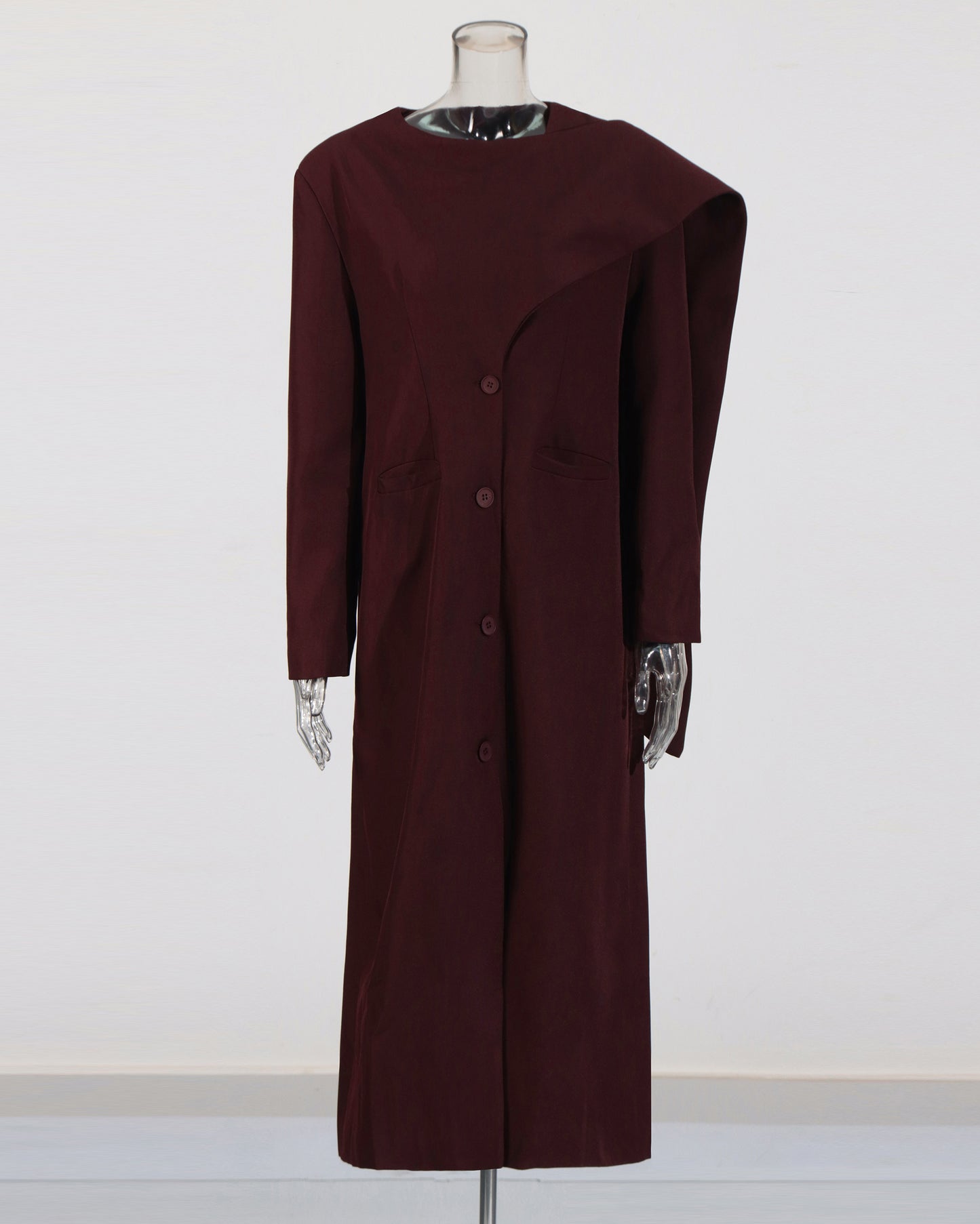 Wine Red Asymmetrical Shoulder Longline Coat