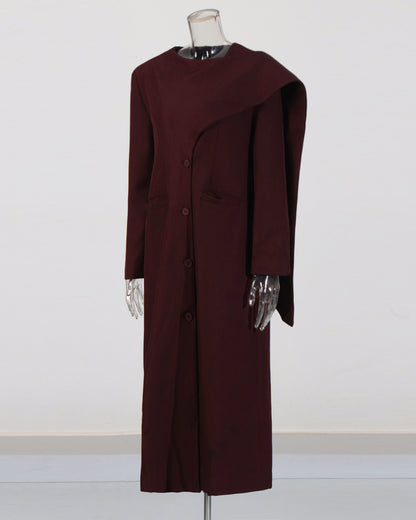 Wine Red Asymmetrical Shoulder Longline Coat