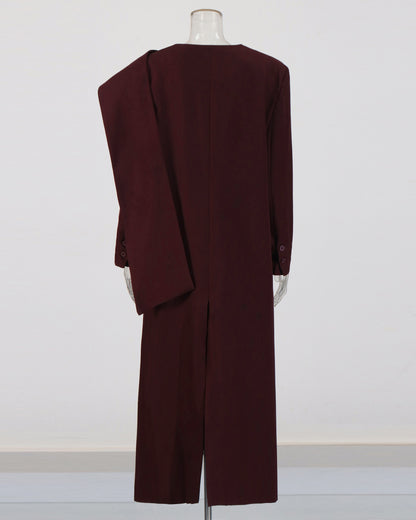 Wine Red Asymmetrical Shoulder Longline Coat