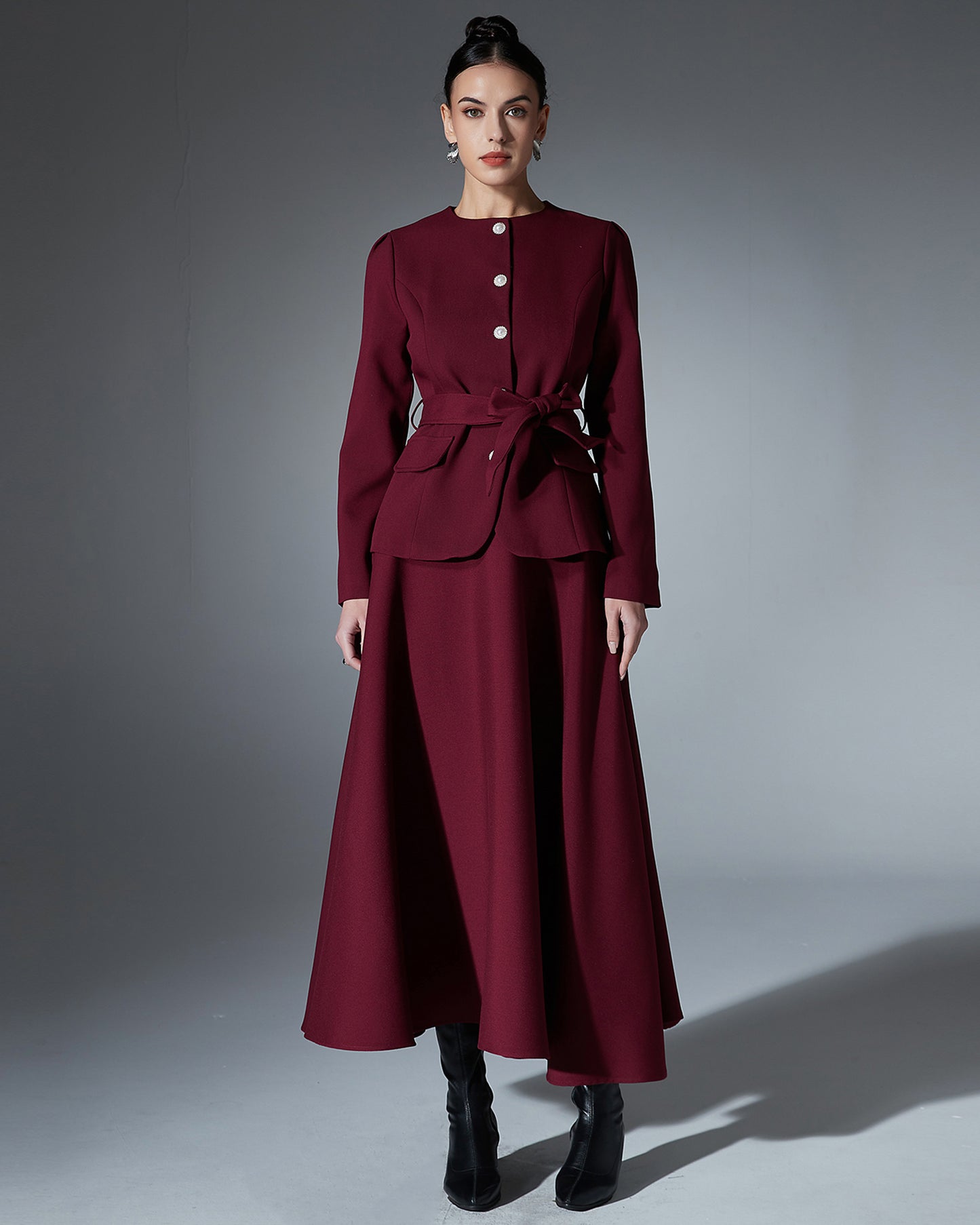 Wine Red Blazer & Maxi Skirt Set with Bow Belt