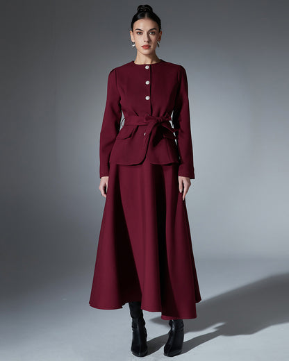 Wine Red Blazer & Maxi Skirt Set with Bow Belt